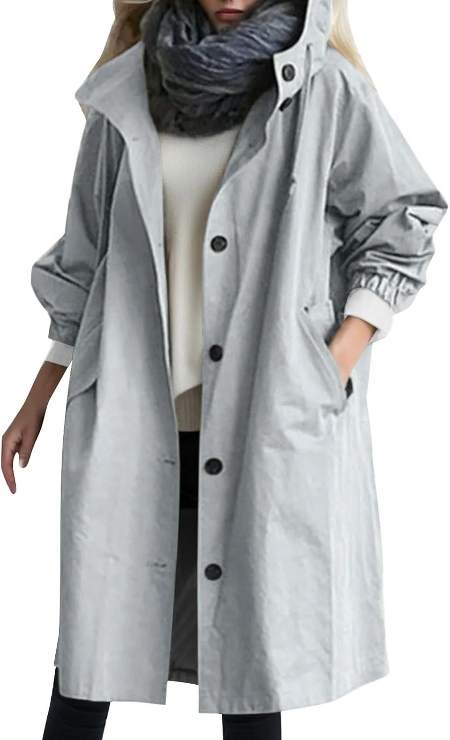 Women's Trench Jackets Loose Hooded Trench Coat Outwear Plus Size Casual Lightweight Outdoor Windbreaker Fall Winter