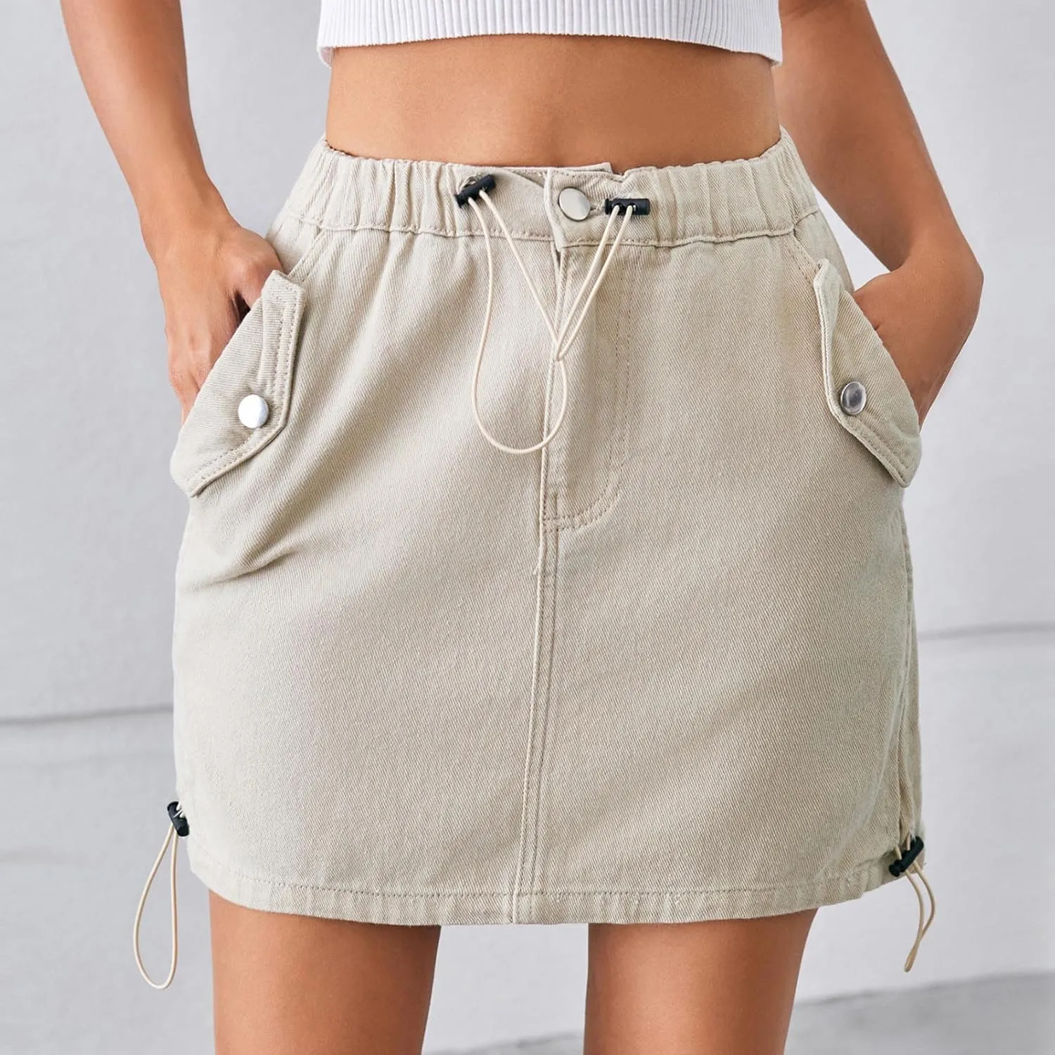 Womens Trendy Denim Cargo Skirt Elastic High Waisted Skirts with Pockets Casual Button Down Drawstring Mini Jean Skirt
