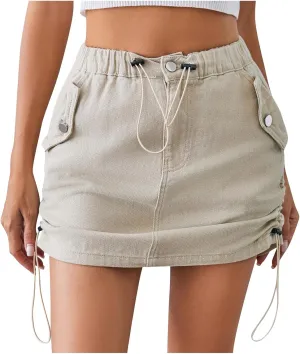 Womens Trendy Denim Cargo Skirt Elastic High Waisted Skirts with Pockets Casual Button Down Drawstring Mini Jean Skirt