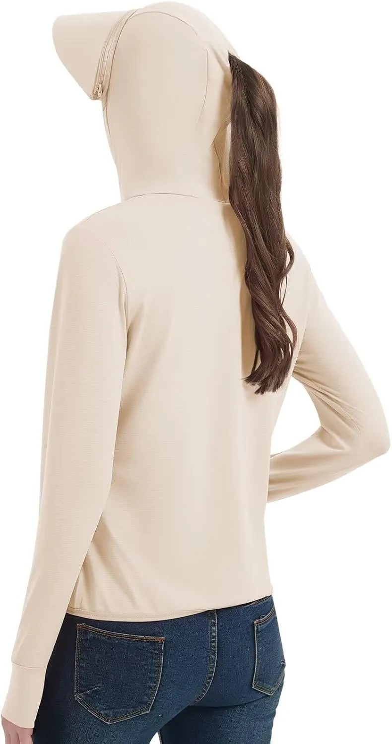 Women's UPF 50  Sun Protection Jacket Lightweight Cooling Long Sleeve Sun Shirt with Hoodie Brim for Outdoor Hiking
