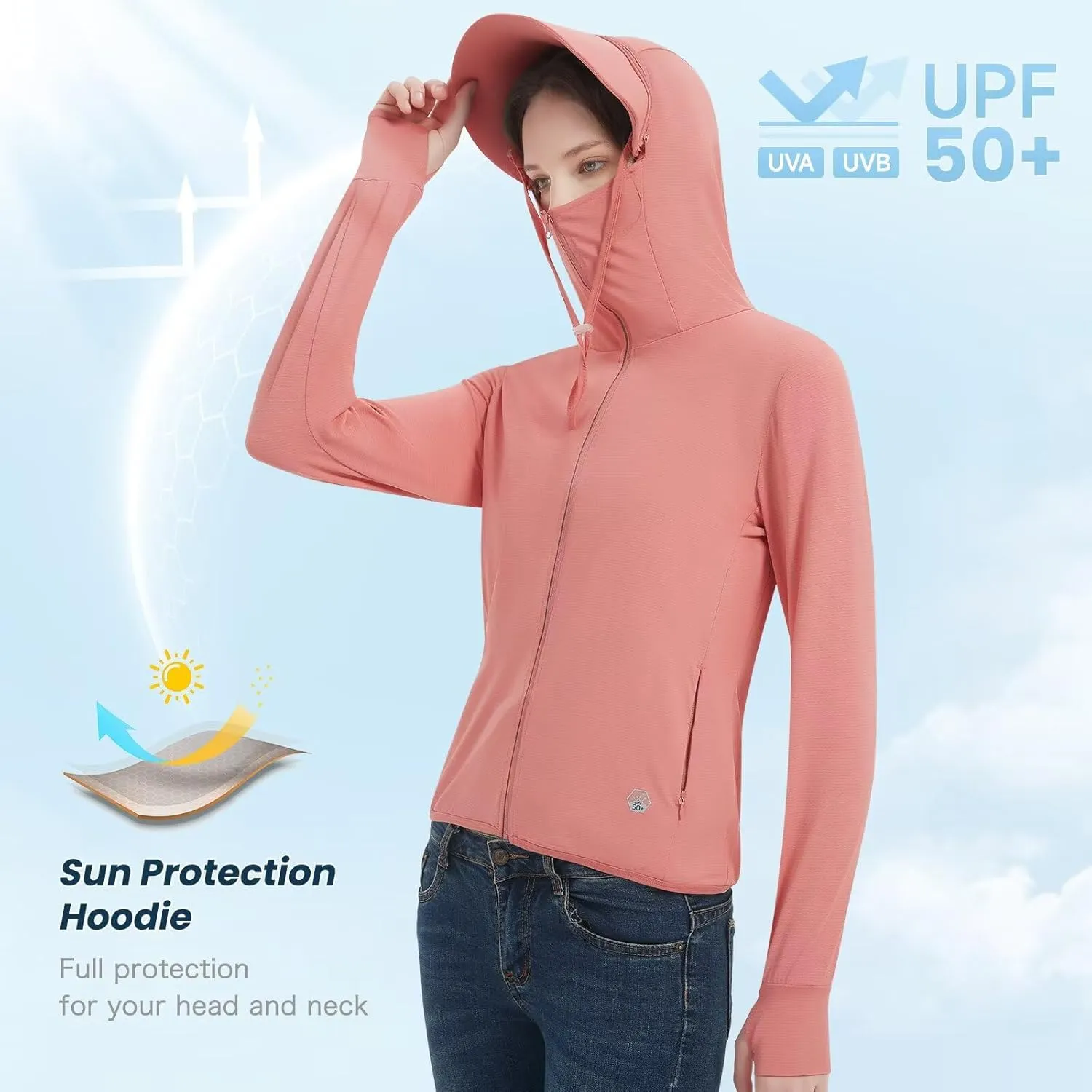 Women's UPF 50  Sun Protection Jacket Lightweight Cooling Long Sleeve Sun Shirt with Hoodie Brim for Outdoor Hiking