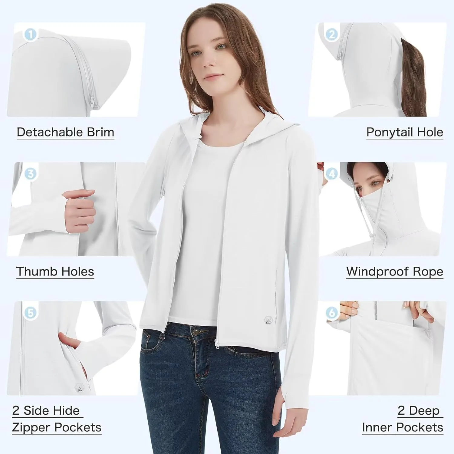 Women's UPF 50  Sun Protection Jacket Lightweight Cooling Long Sleeve Sun Shirt with Hoodie Brim for Outdoor Hiking