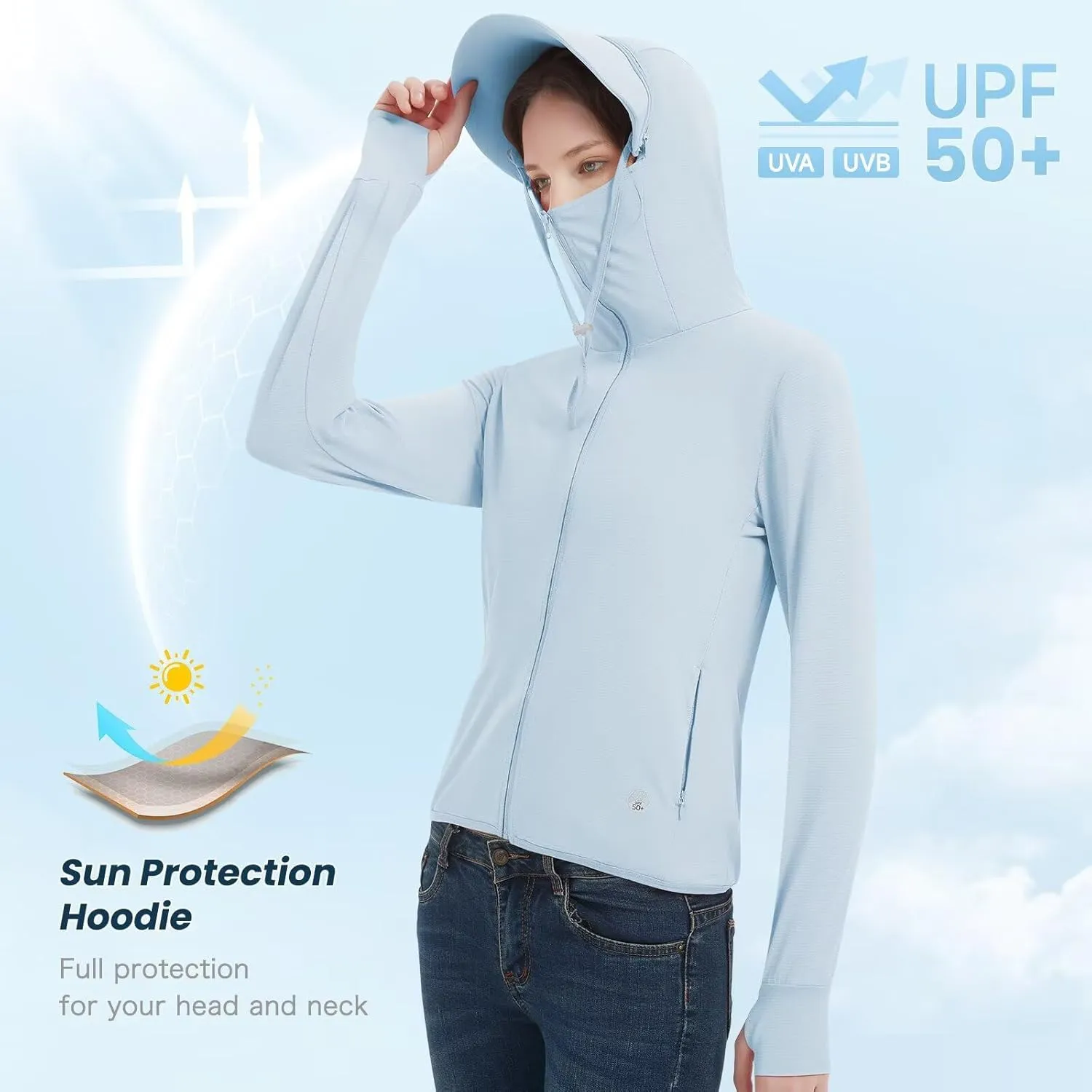 Women's UPF 50  Sun Protection Jacket Lightweight Cooling Long Sleeve Sun Shirt with Hoodie Brim for Outdoor Hiking
