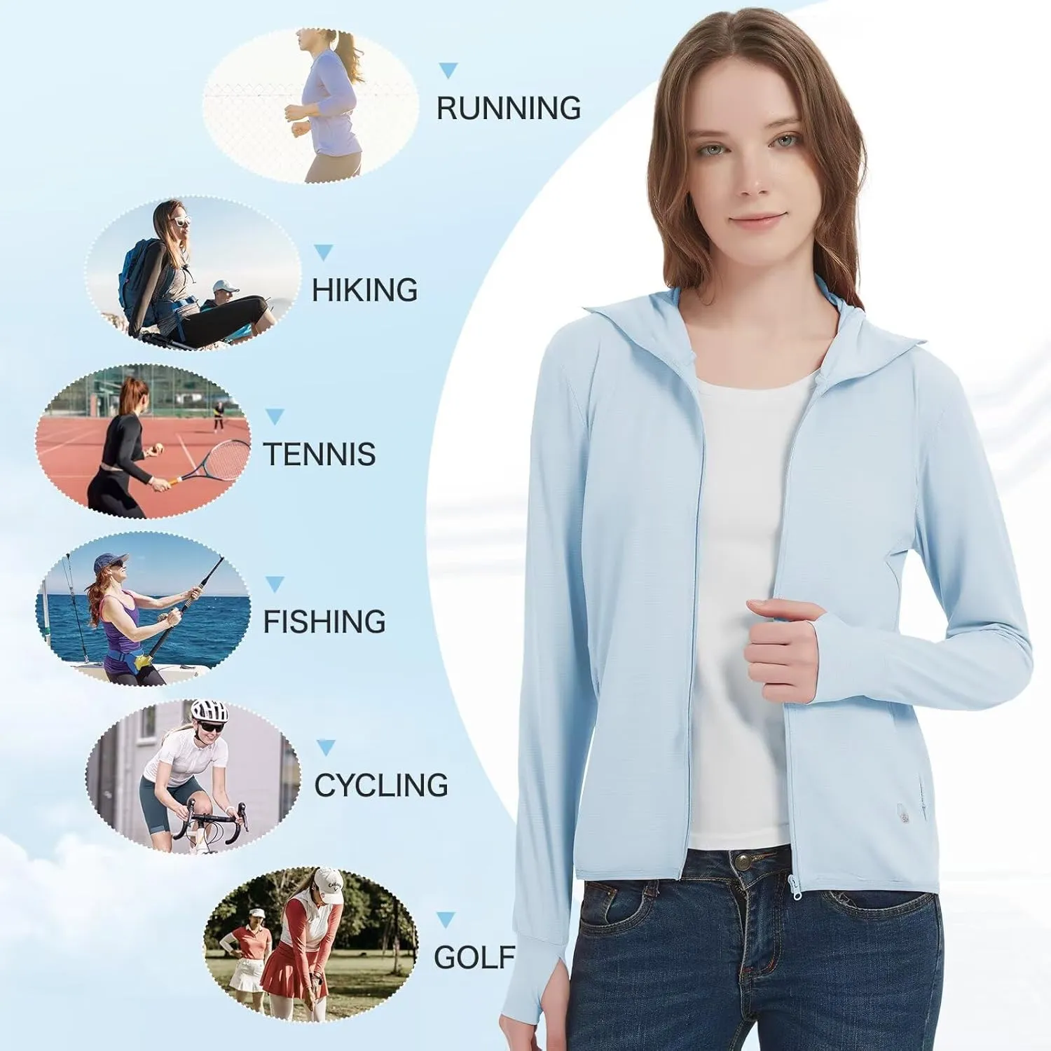 Women's UPF 50  Sun Protection Jacket Lightweight Cooling Long Sleeve Sun Shirt with Hoodie Brim for Outdoor Hiking