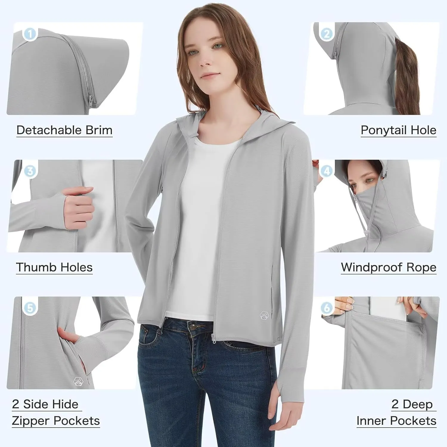 Women's UPF 50  Sun Protection Jacket Lightweight Cooling Long Sleeve Sun Shirt with Hoodie Brim for Outdoor Hiking
