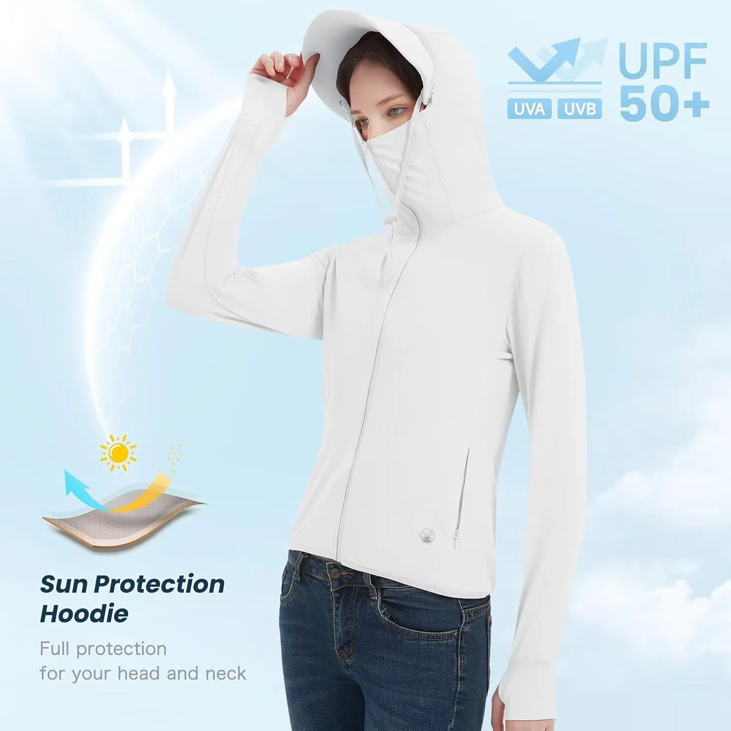 Women's UPF 50  Sun Protection Jacket Lightweight Cooling Long Sleeve Sun Shirt with Hoodie Brim for Outdoor Hiking