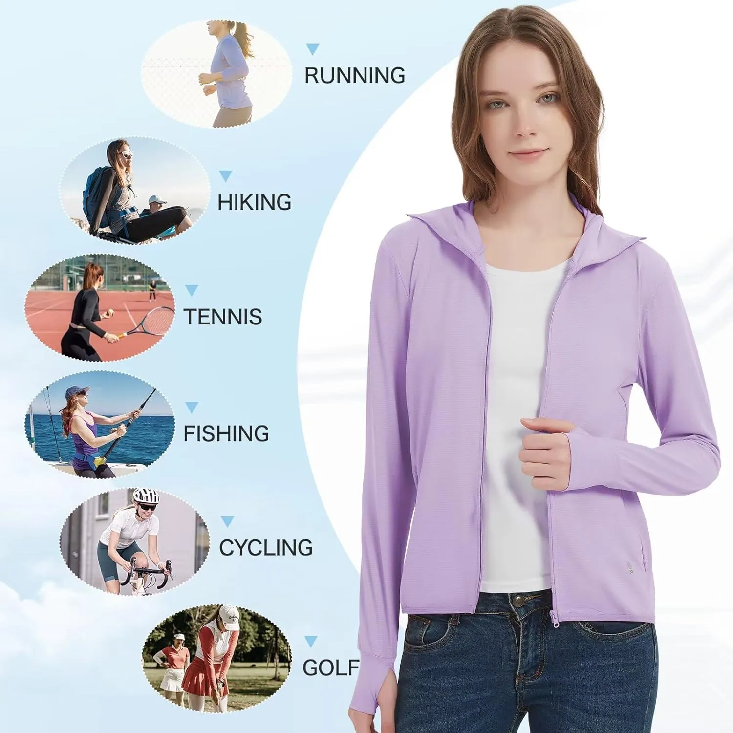 Women's UPF 50  Sun Protection Jacket Lightweight Cooling Long Sleeve Sun Shirt with Hoodie Brim for Outdoor Hiking