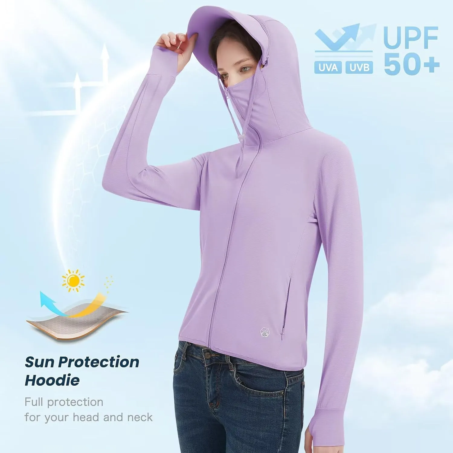 Women's UPF 50  Sun Protection Jacket Lightweight Cooling Long Sleeve Sun Shirt with Hoodie Brim for Outdoor Hiking