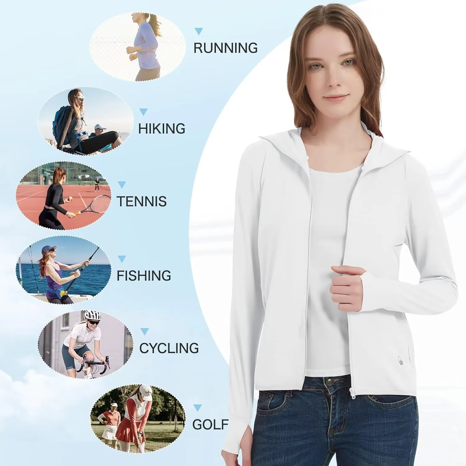 Women's UPF 50  Sun Protection Jacket Lightweight Cooling Long Sleeve Sun Shirt with Hoodie Brim for Outdoor Hiking