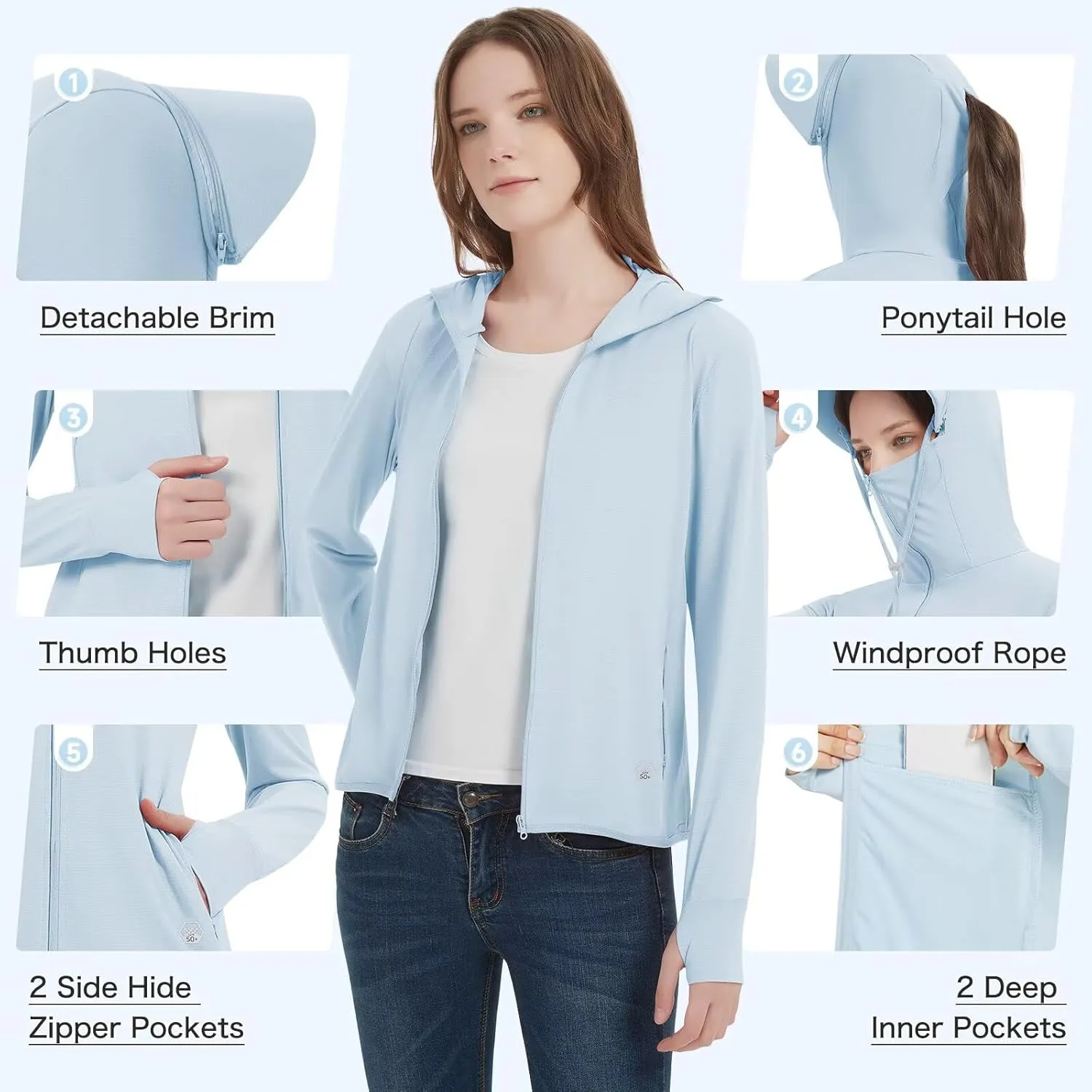 Women's UPF 50  Sun Protection Jacket Lightweight Cooling Long Sleeve Sun Shirt with Hoodie Brim for Outdoor Hiking