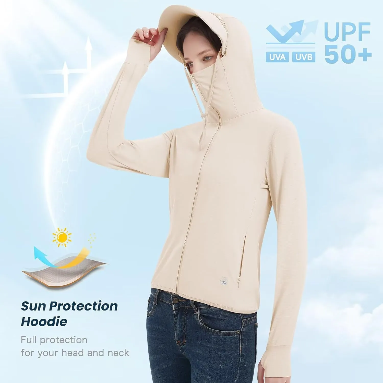 Women's UPF 50  Sun Protection Jacket Lightweight Cooling Long Sleeve Sun Shirt with Hoodie Brim for Outdoor Hiking