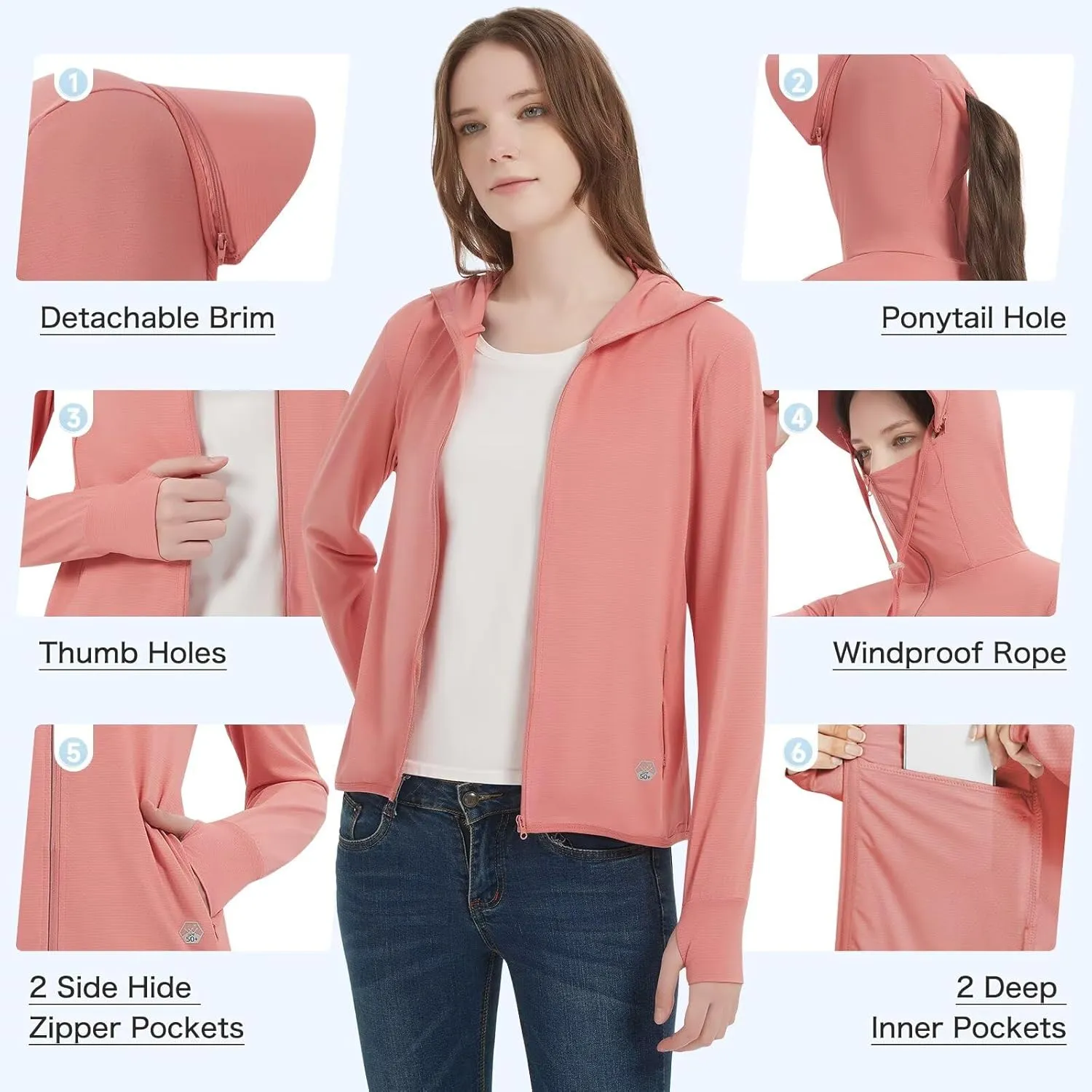 Women's UPF 50  Sun Protection Jacket Lightweight Cooling Long Sleeve Sun Shirt with Hoodie Brim for Outdoor Hiking