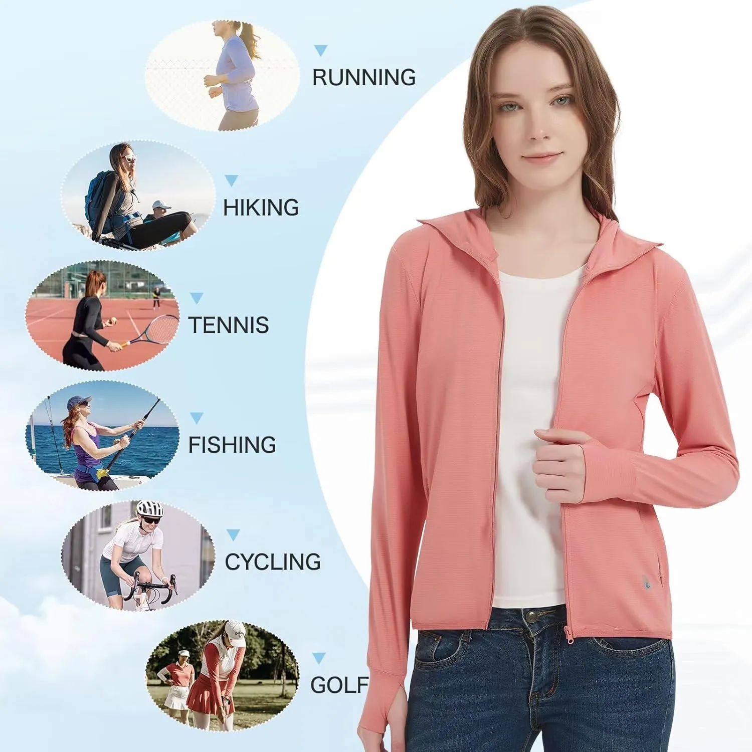Women's UPF 50  Sun Protection Jacket Lightweight Cooling Long Sleeve Sun Shirt with Hoodie Brim for Outdoor Hiking
