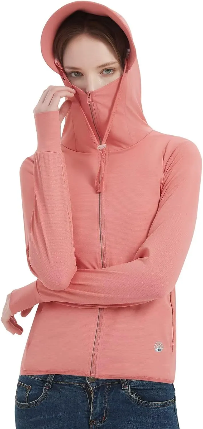 Women's UPF 50  Sun Protection Jacket Lightweight Cooling Long Sleeve Sun Shirt with Hoodie Brim for Outdoor Hiking