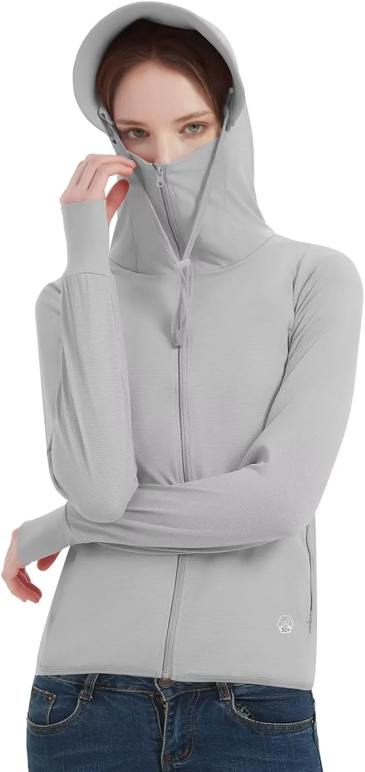 Women's UPF 50  Sun Protection Jacket Lightweight Cooling Long Sleeve Sun Shirt with Hoodie Brim for Outdoor Hiking