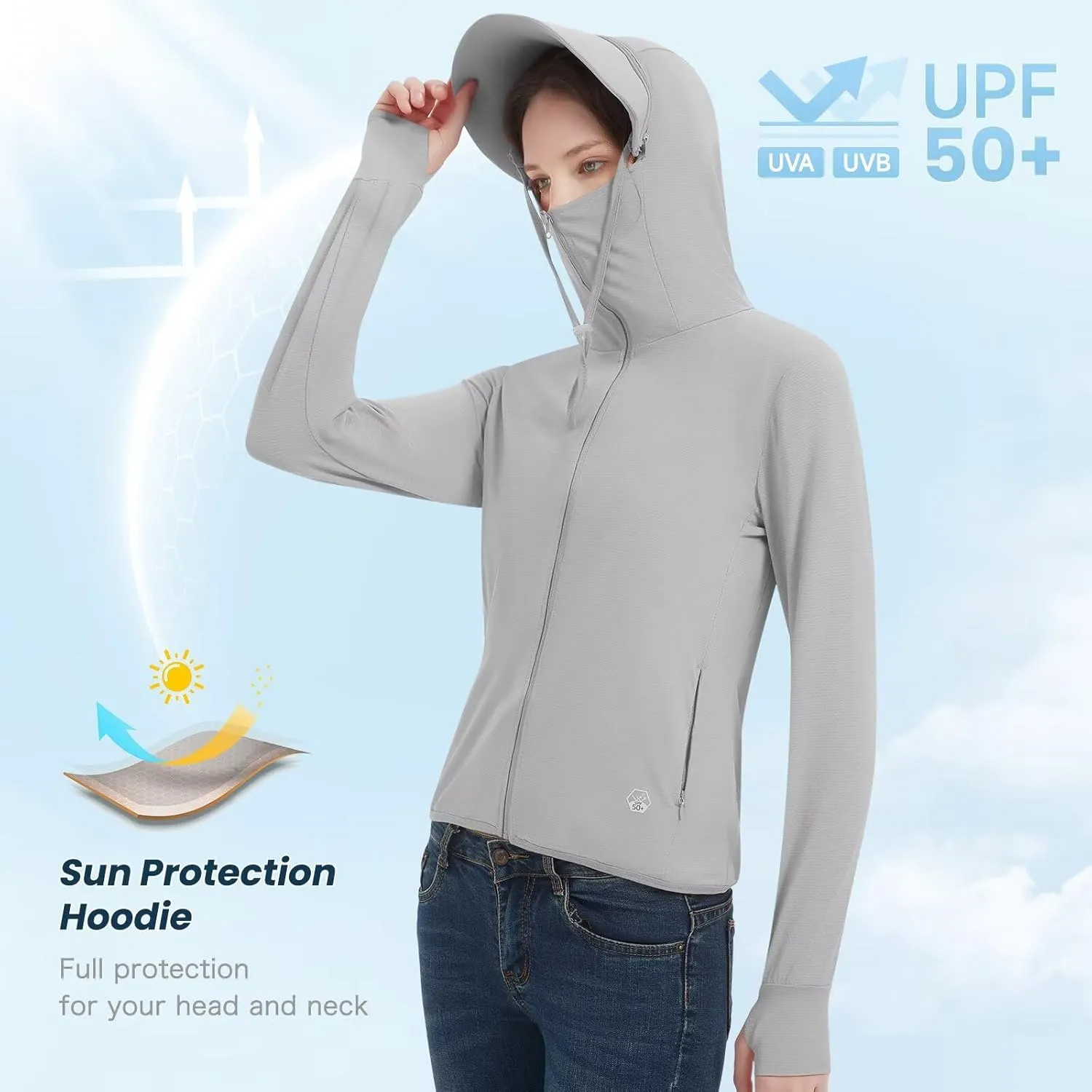 Women's UPF 50  Sun Protection Jacket Lightweight Cooling Long Sleeve Sun Shirt with Hoodie Brim for Outdoor Hiking
