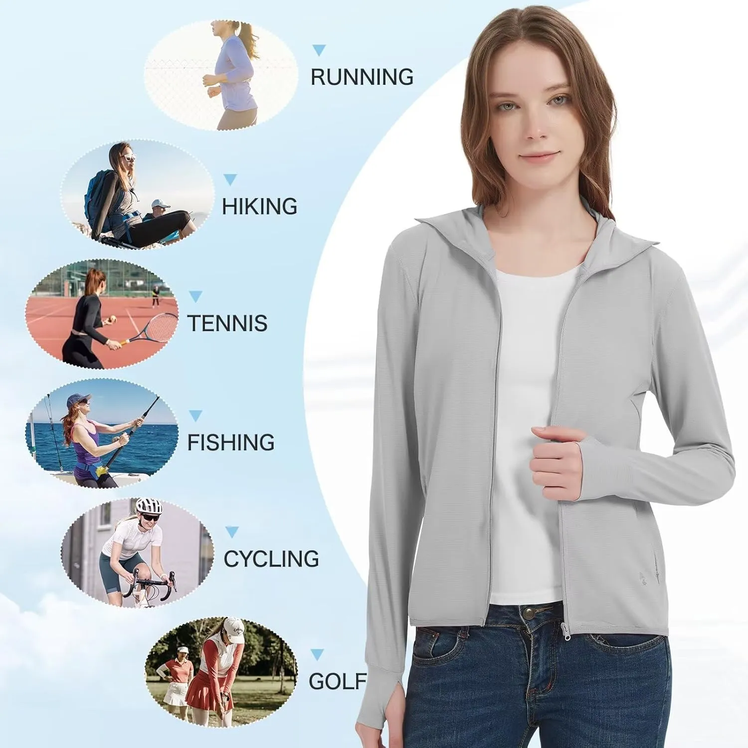 Women's UPF 50  Sun Protection Jacket Lightweight Cooling Long Sleeve Sun Shirt with Hoodie Brim for Outdoor Hiking