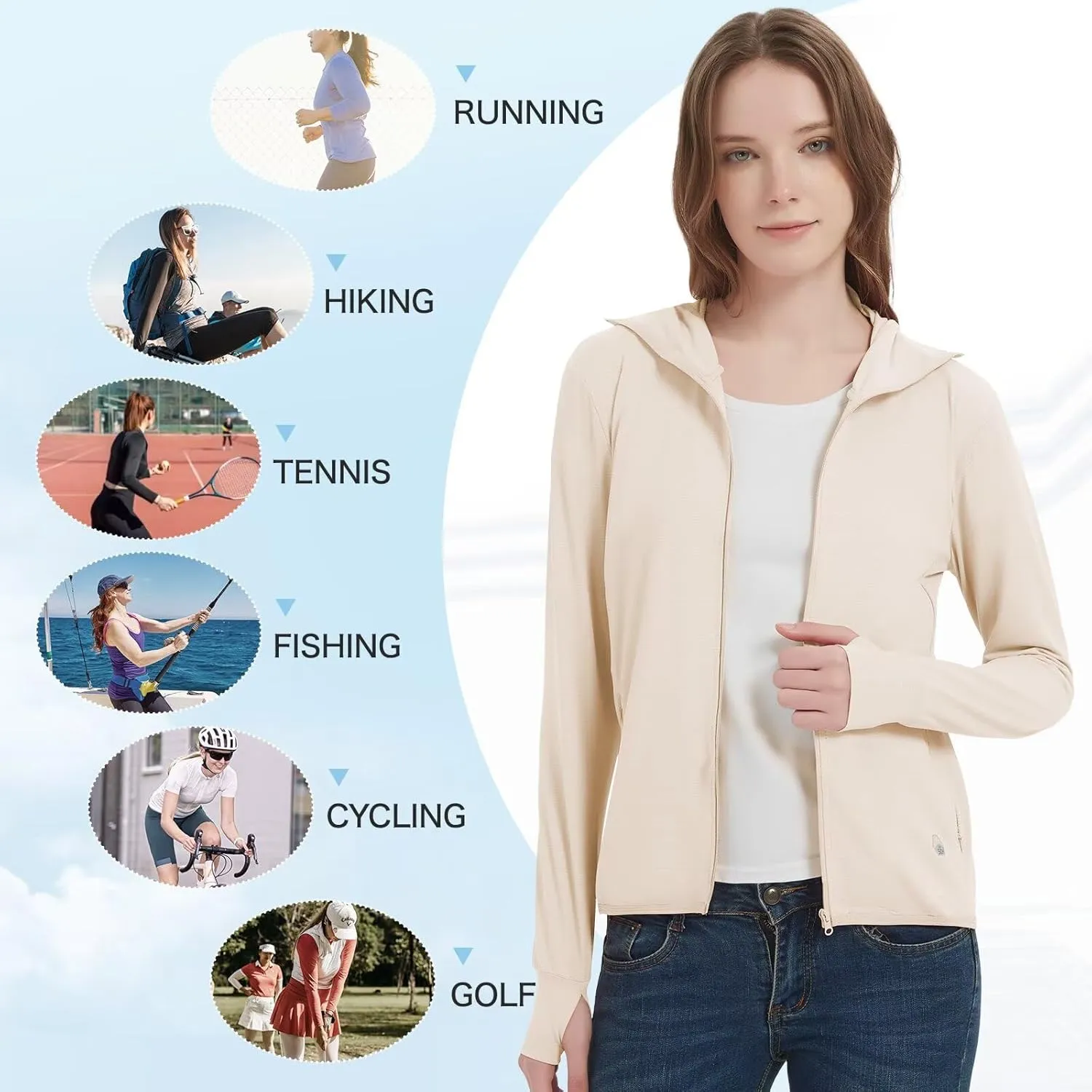 Women's UPF 50  Sun Protection Jacket Lightweight Cooling Long Sleeve Sun Shirt with Hoodie Brim for Outdoor Hiking