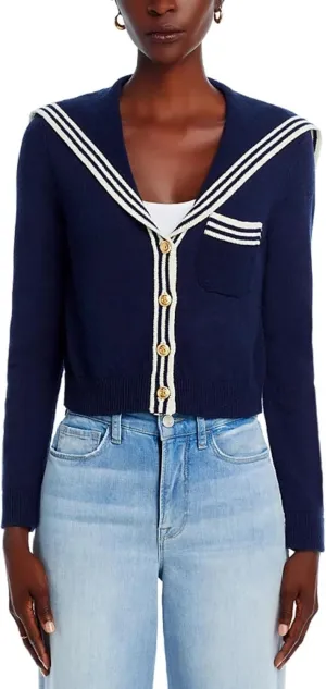 Women's V Neck Cardigan Sweaters Cropped Sailor Collar Button Up Knit Long Sleeve Open Front Coat