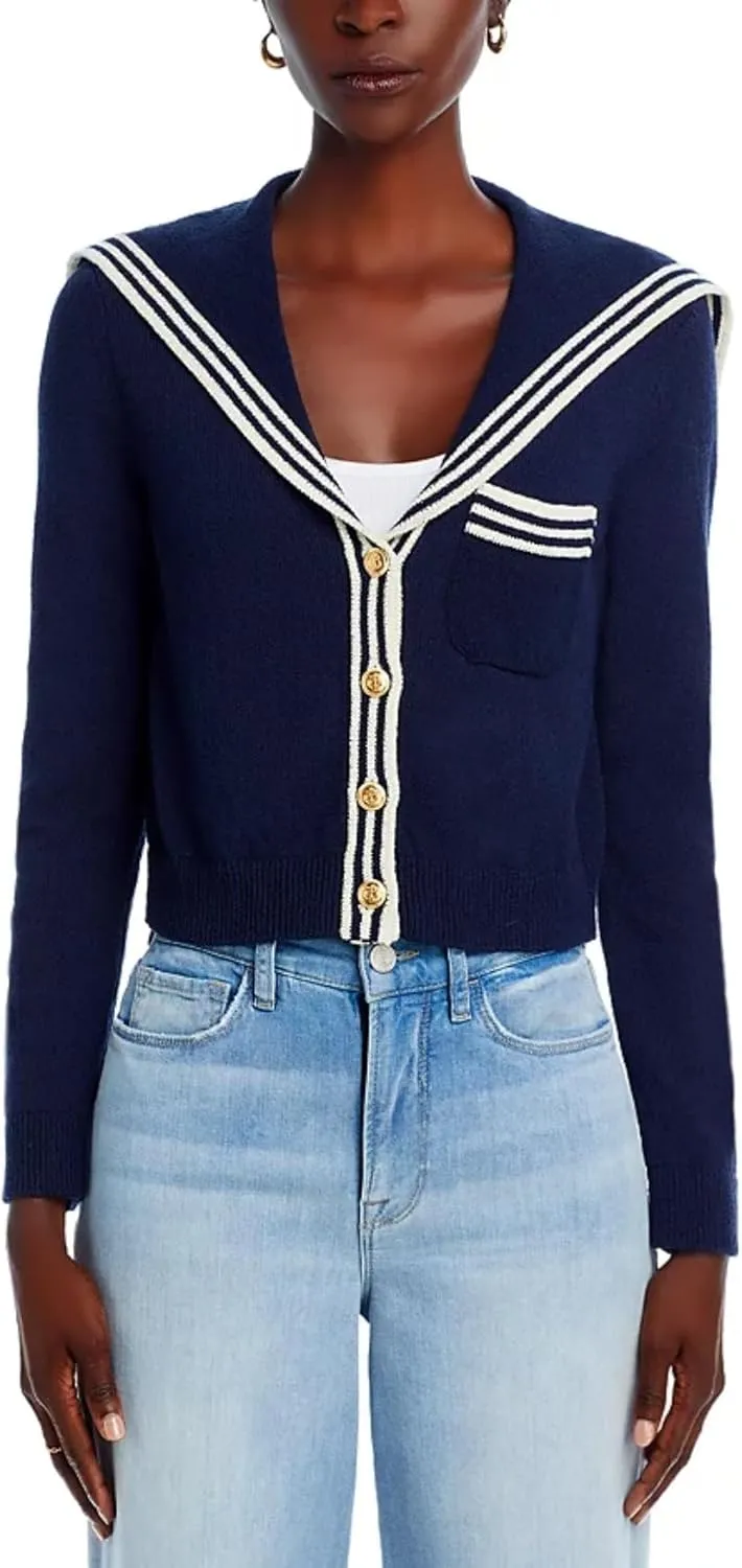 Women's V Neck Cardigan Sweaters Cropped Sailor Collar Button Up Knit Long Sleeve Open Front Coat