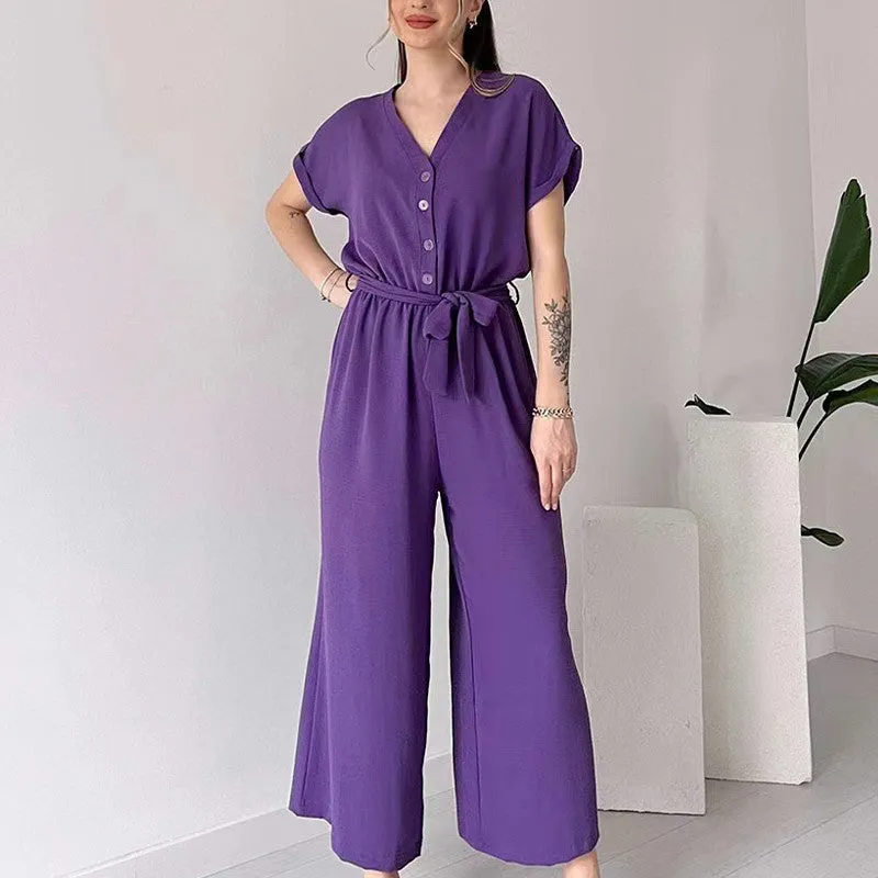 Women's V-Neck Short Sleeve Casual Jumpsuit