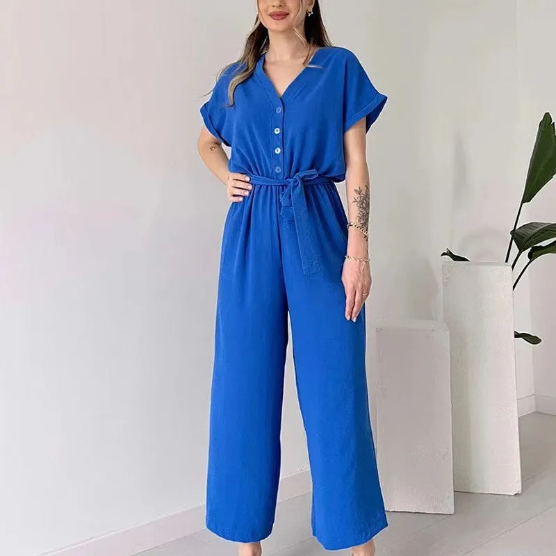 Women's V-Neck Short Sleeve Casual Jumpsuit