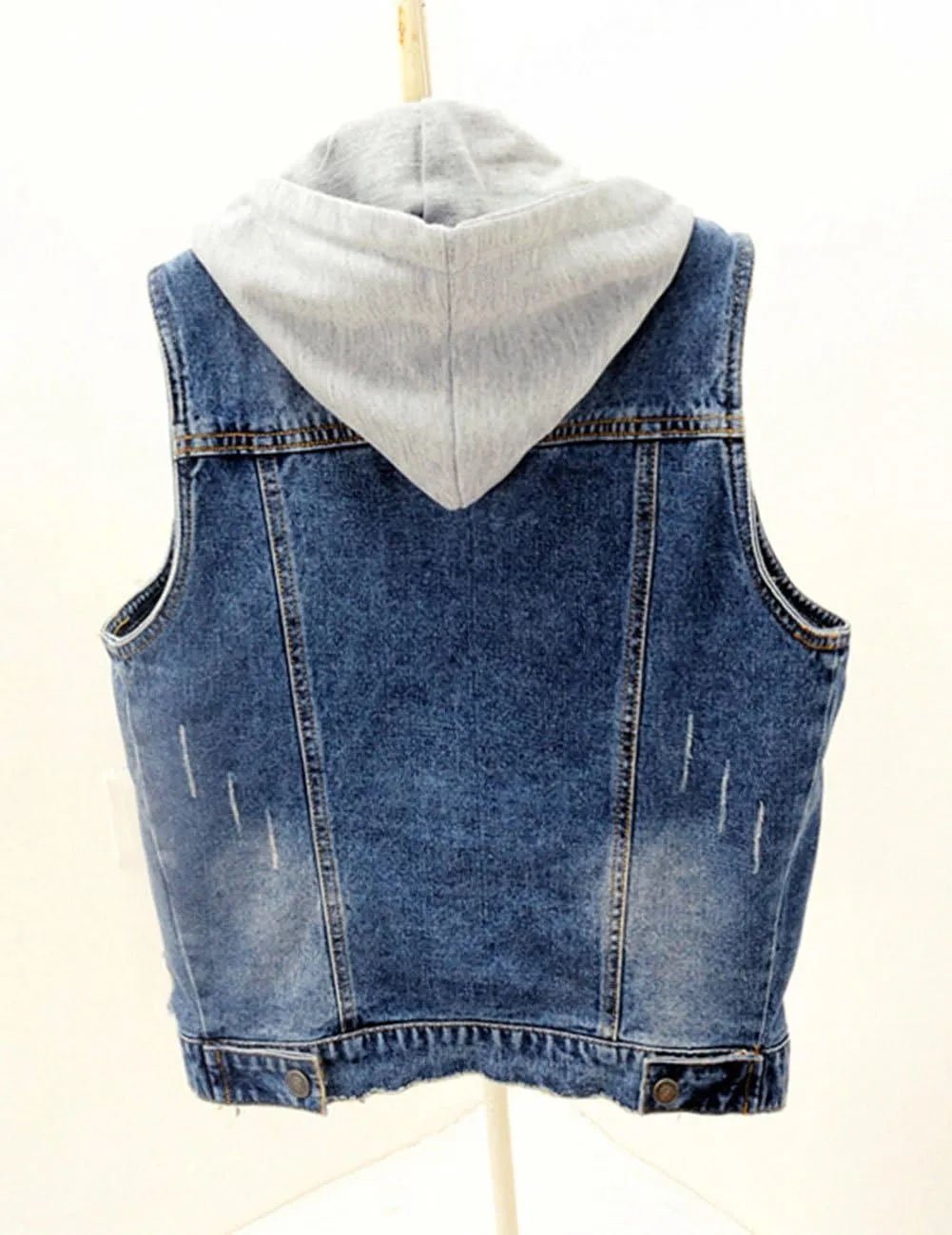 Women's Vintage Casual Slim Sleeveless Denim Jean Cropped Vest Jacket Waistcoat With Detachable Hood