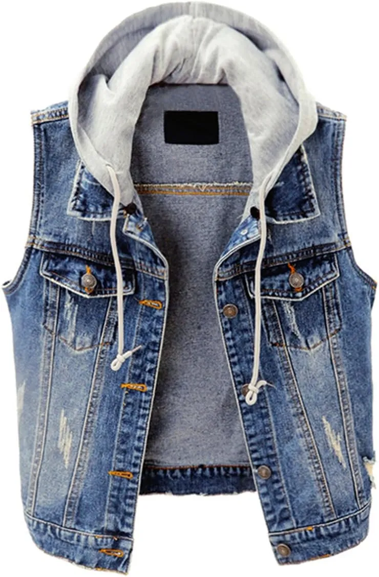 Women's Vintage Casual Slim Sleeveless Denim Jean Cropped Vest Jacket Waistcoat With Detachable Hood
