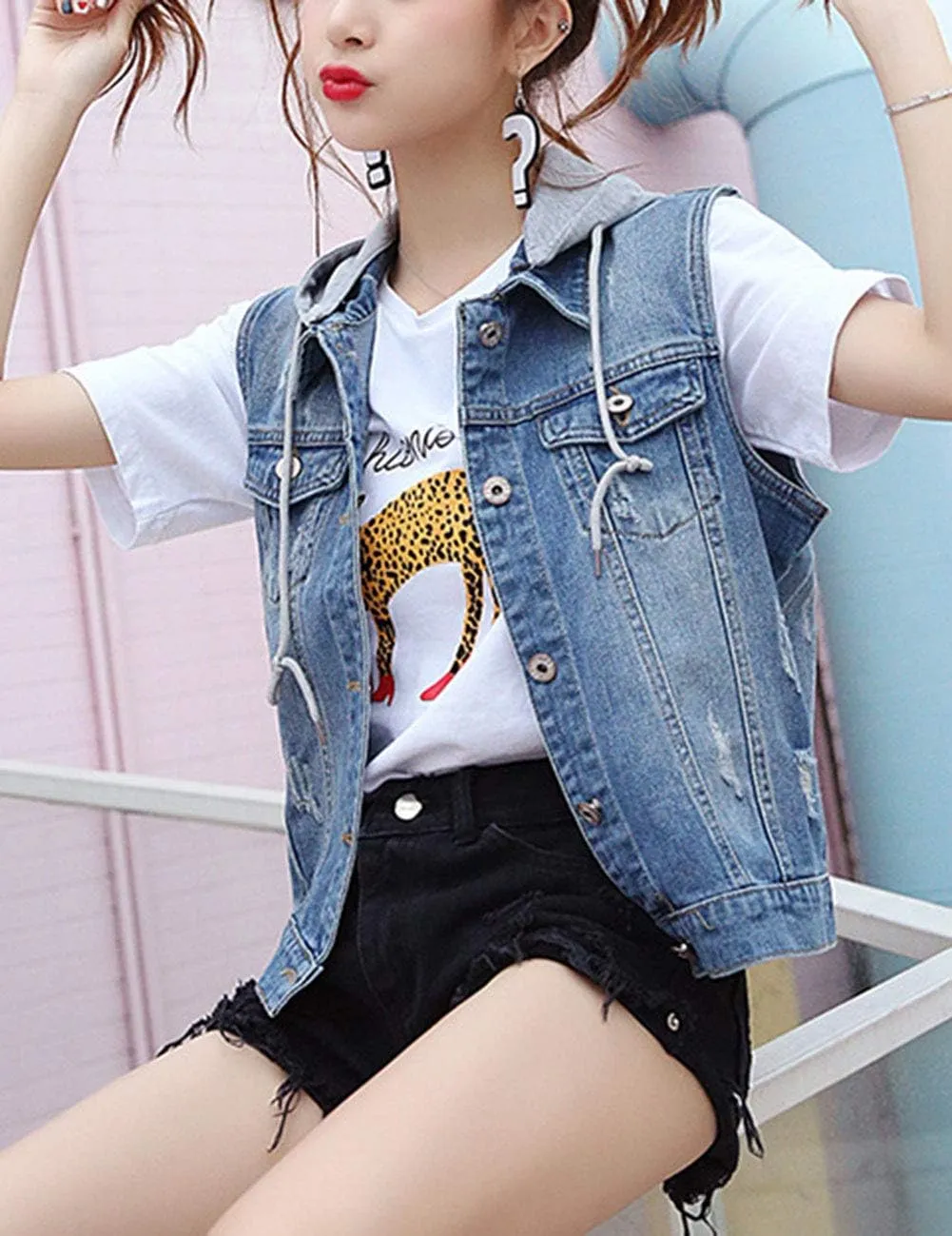 Women's Vintage Casual Slim Sleeveless Denim Jean Cropped Vest Jacket Waistcoat With Detachable Hood