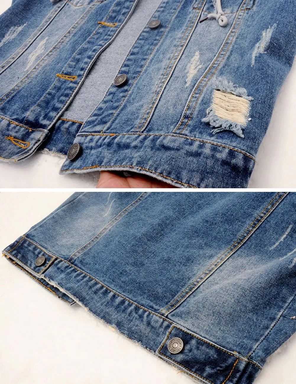Women's Vintage Casual Slim Sleeveless Denim Jean Cropped Vest Jacket Waistcoat With Detachable Hood