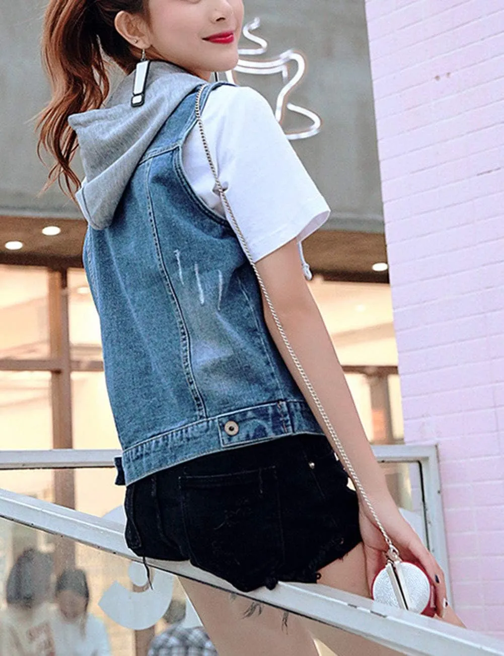 Women's Vintage Casual Slim Sleeveless Denim Jean Cropped Vest Jacket Waistcoat With Detachable Hood