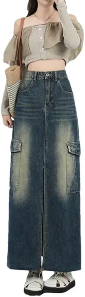 Women's Vintage High-Waisted Skirts Side Slit Long Distressed Large Pocket Skirt