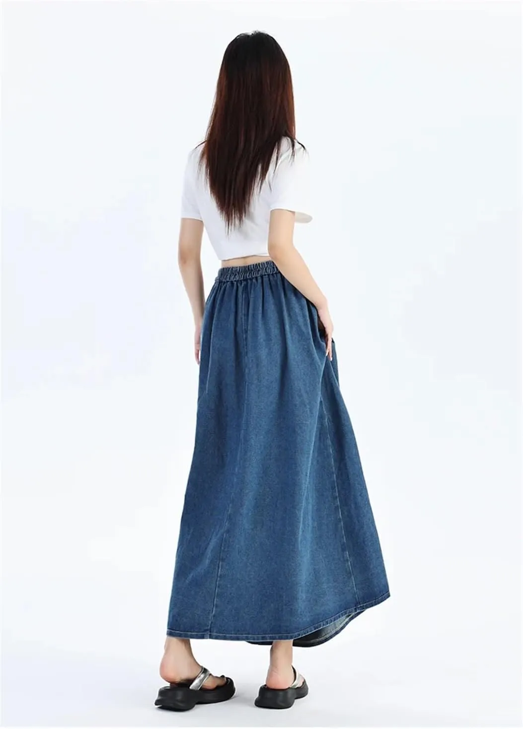 Women's Vintage High-waisted Stretch Denim Long Skirt Street Style Lace-up Large Size Denim Skirt