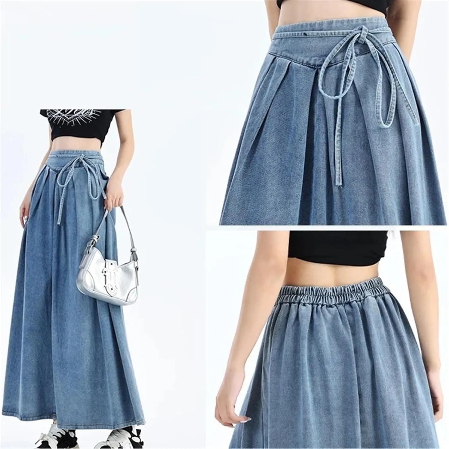 Women's Vintage High-waisted Stretch Denim Long Skirt Street Style Lace-up Large Size Denim Skirt