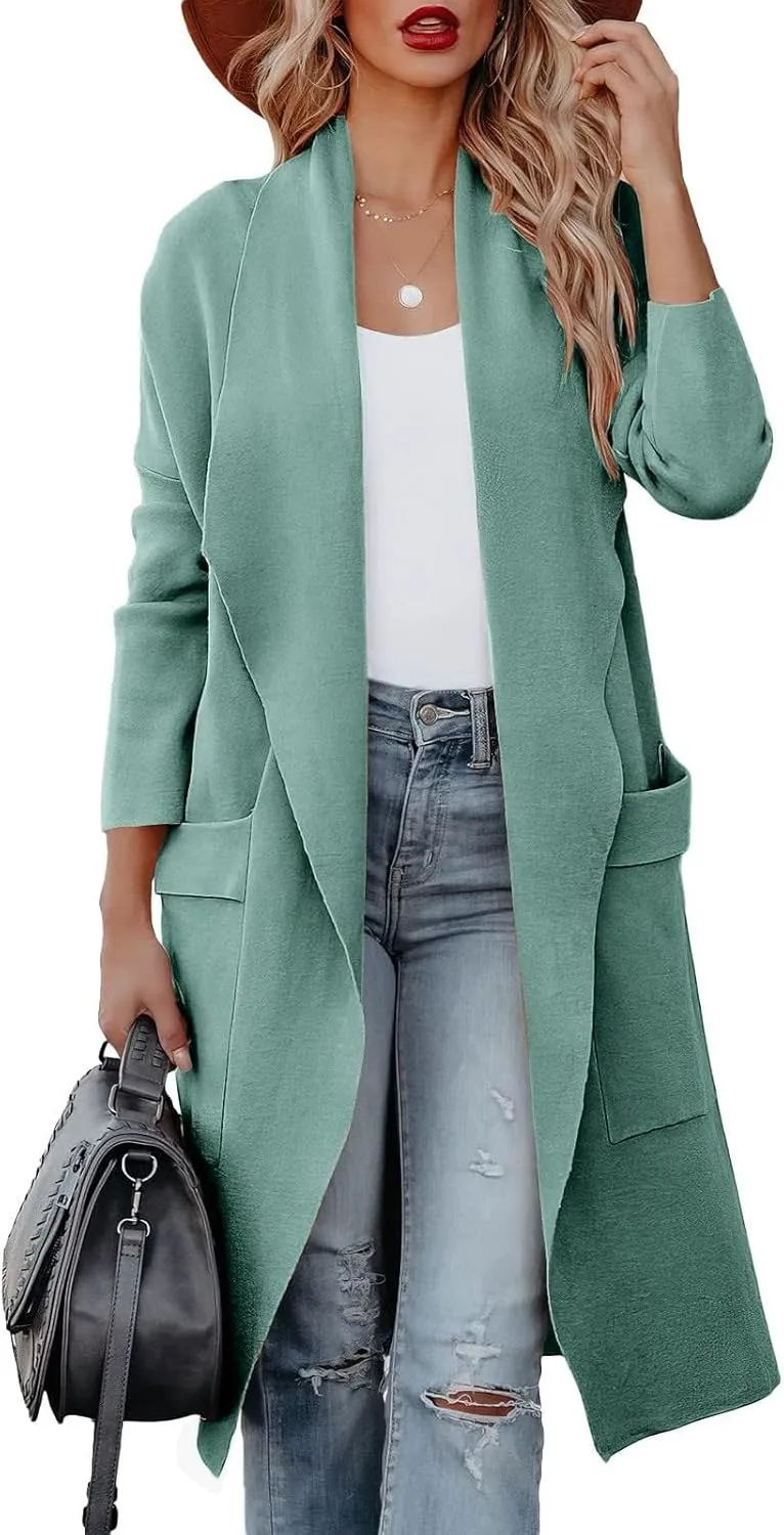 Womens Wool Blend Coat Casual Loose Lapel Open Front Cardigan Oversized Knit Long Sleeve Jacket Winter Overcoat