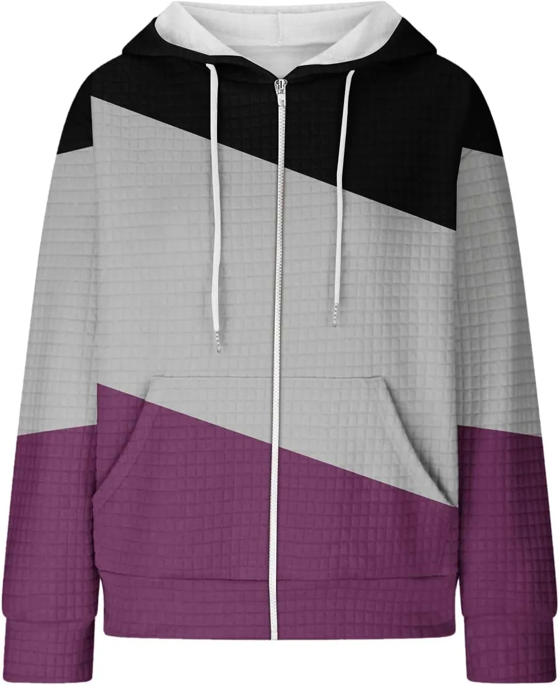 Womens Zip Up Hoodies Long Sleeve Color Block Waffle Knit Hooded Sweatshirt Comfy Oversized Sweatshirts