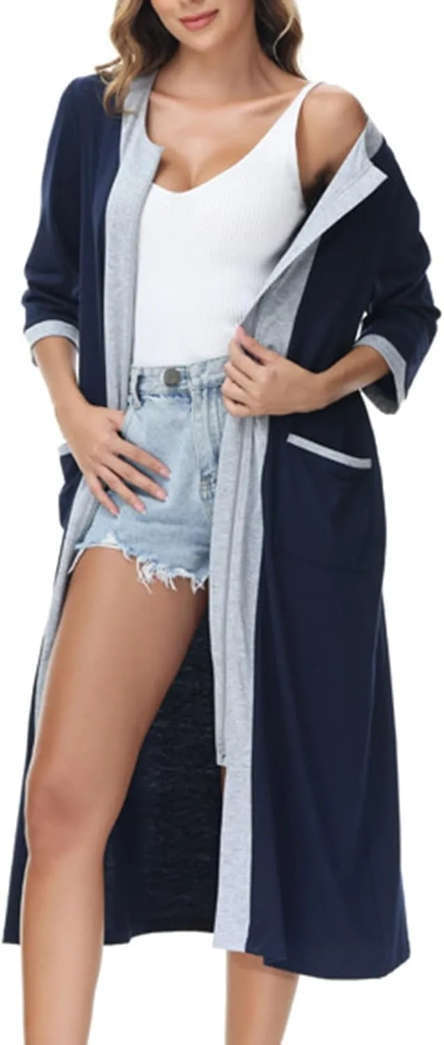 Women's Zipper Front Long Housedress 3/4 Sleeves Round Neck Robe Casual Loose Fit Cozy Nightgown with Pockets