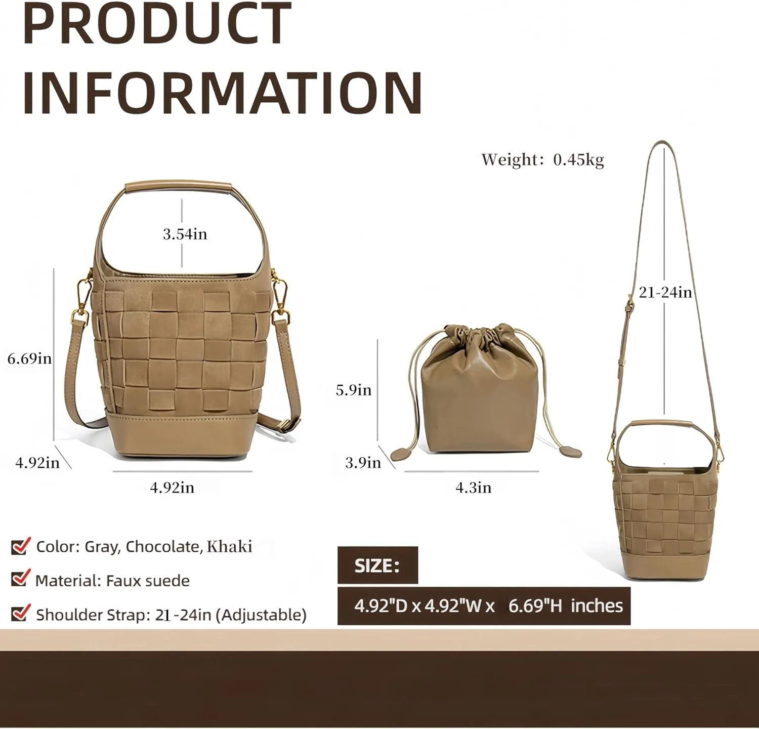 Woven Crossbody Bucket Bag for Women  Versatile Suede Shoulder Top-Handle Handbag with Detachable Pocket