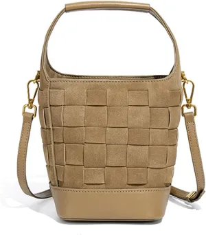Woven Crossbody Bucket Bag for Women  Versatile Suede Shoulder Top-Handle Handbag with Detachable Pocket
