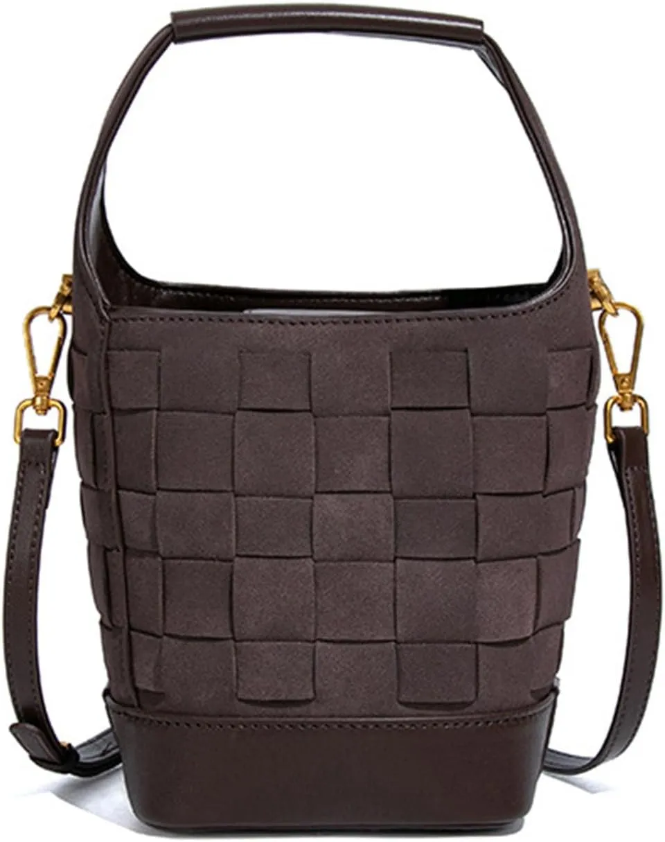 Woven Crossbody Bucket Bag for Women  Versatile Suede Shoulder Top-Handle Handbag with Detachable Pocket