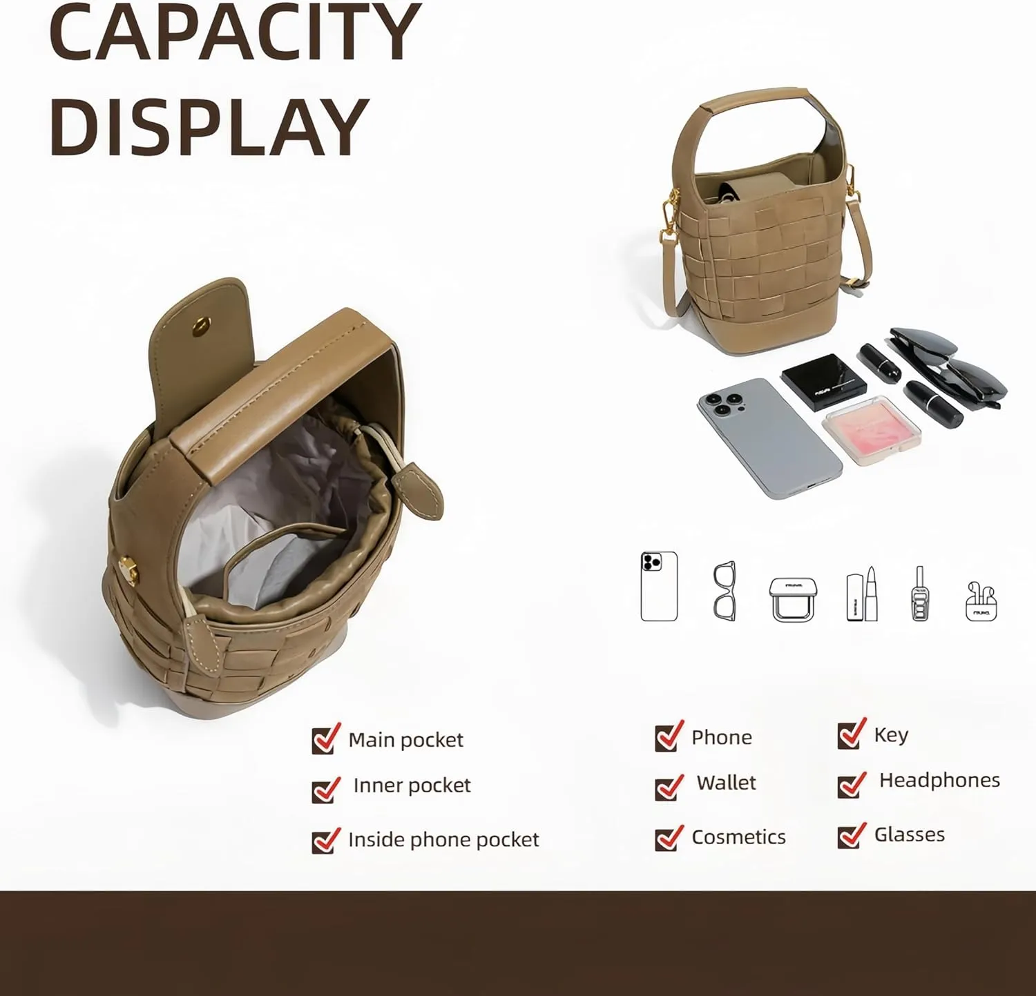Woven Crossbody Bucket Bag for Women  Versatile Suede Shoulder Top-Handle Handbag with Detachable Pocket