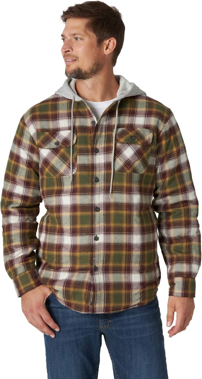 Wrangler Authentics Men's Long Sleeve Quilted Lined Flannel Shirt Jacket with Hood