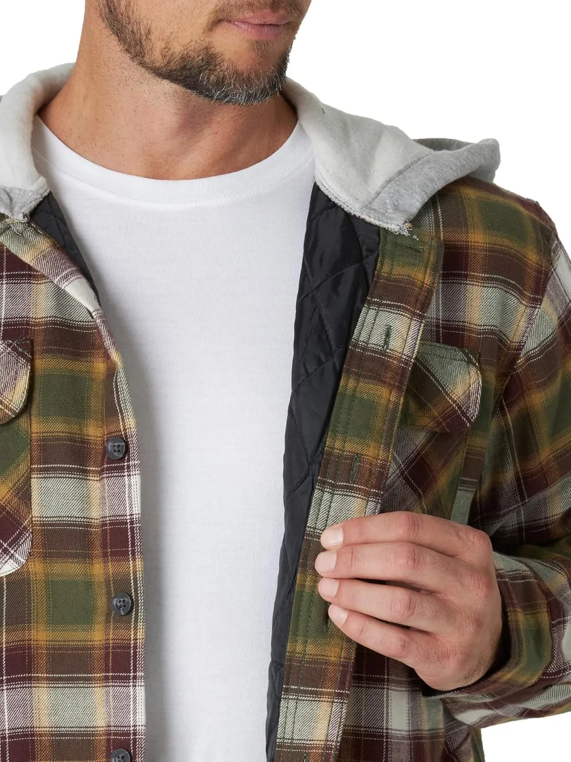 Wrangler Authentics Men's Long Sleeve Quilted Lined Flannel Shirt Jacket with Hood