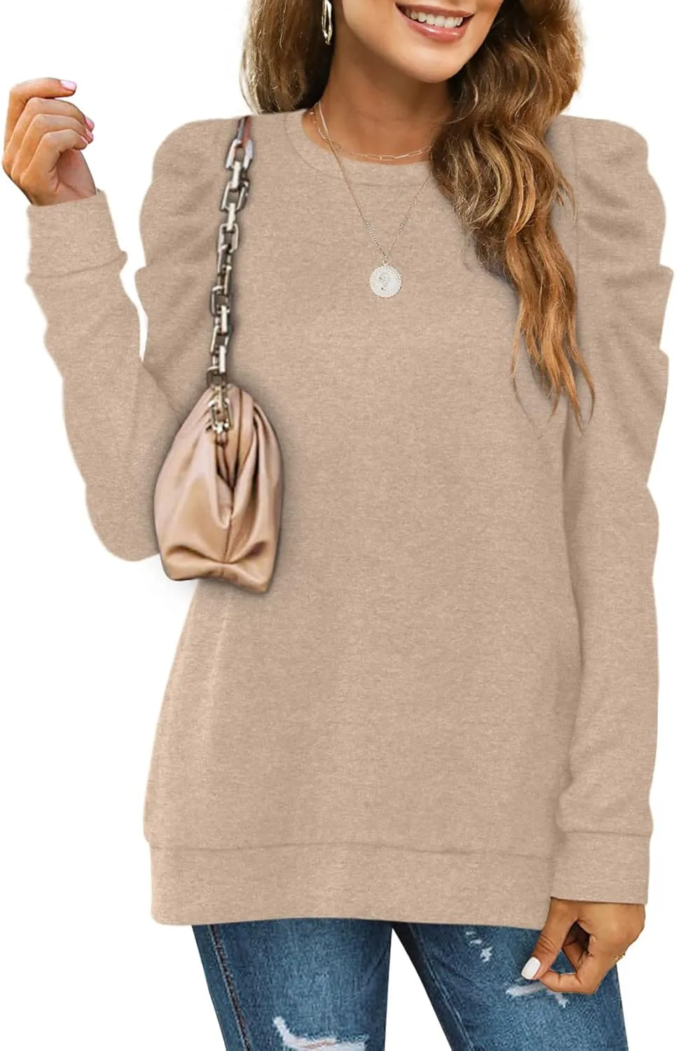 XIEERDUO Women's Crewneck Sweatshirts Trendy Puff Sleeve Tunic Sweaters Fall Clothes Loose Fit