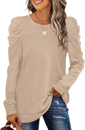 XIEERDUO Women's Crewneck Sweatshirts Trendy Puff Sleeve Tunic Sweaters Fall Clothes Loose Fit