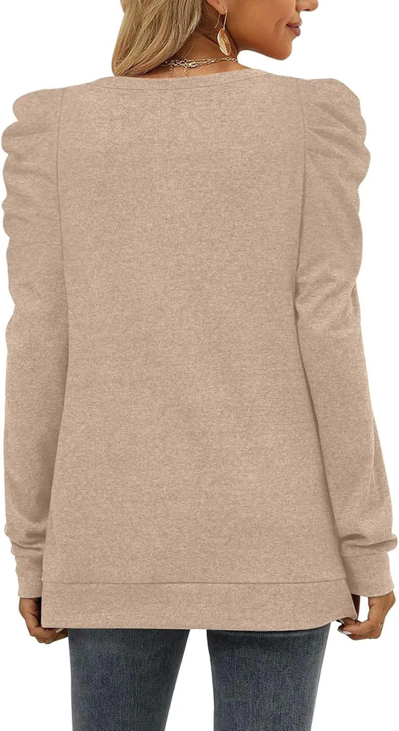 XIEERDUO Women's Crewneck Sweatshirts Trendy Puff Sleeve Tunic Sweaters Fall Clothes Loose Fit