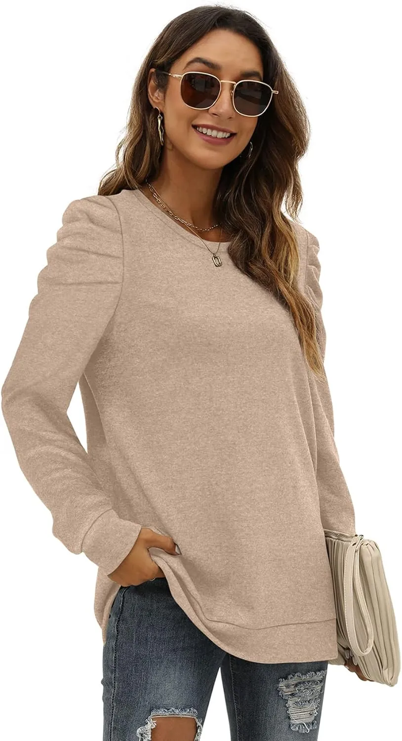 XIEERDUO Women's Crewneck Sweatshirts Trendy Puff Sleeve Tunic Sweaters Fall Clothes Loose Fit