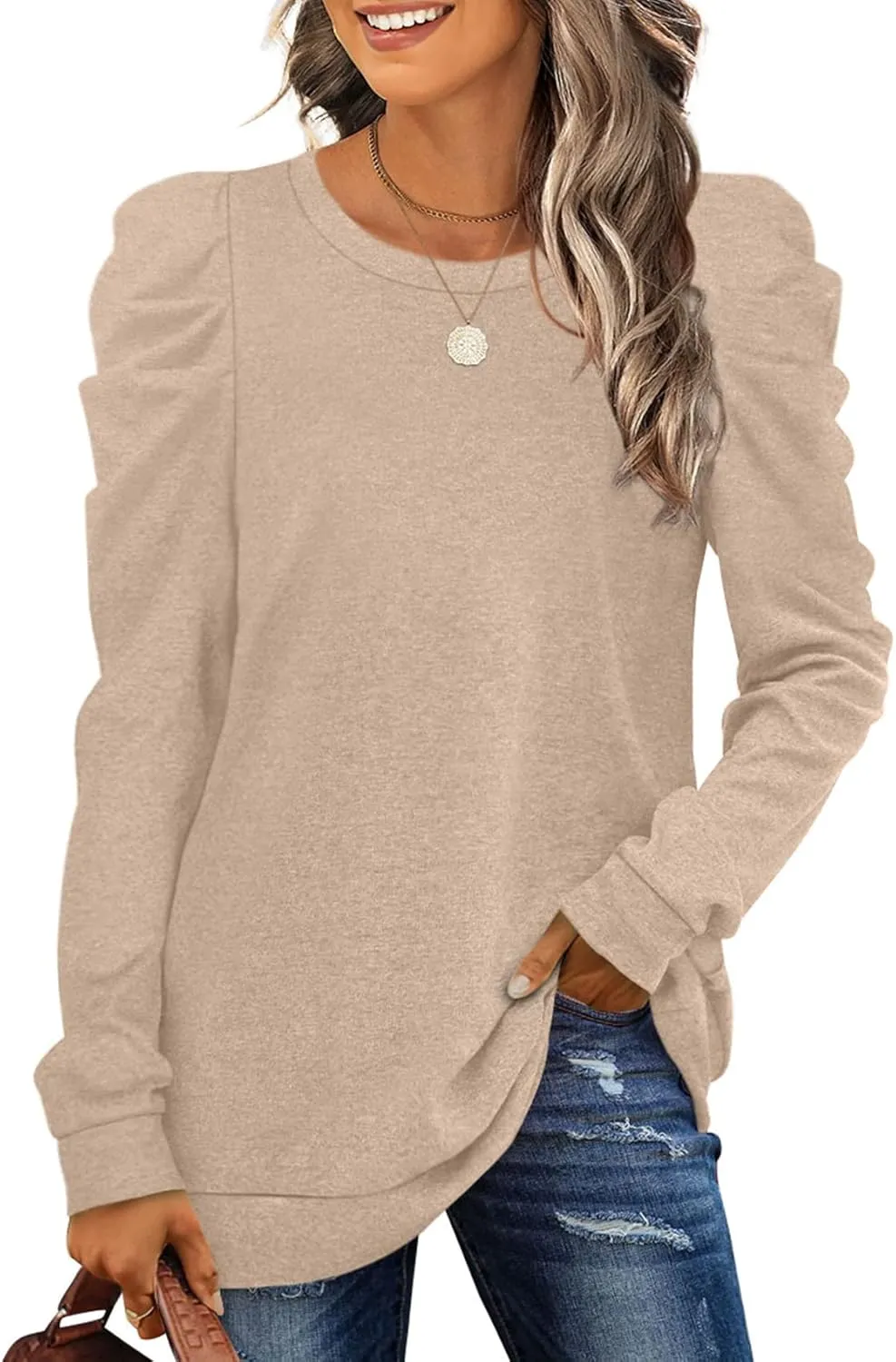 XIEERDUO Women's Crewneck Sweatshirts Trendy Puff Sleeve Tunic Sweaters Fall Clothes Loose Fit