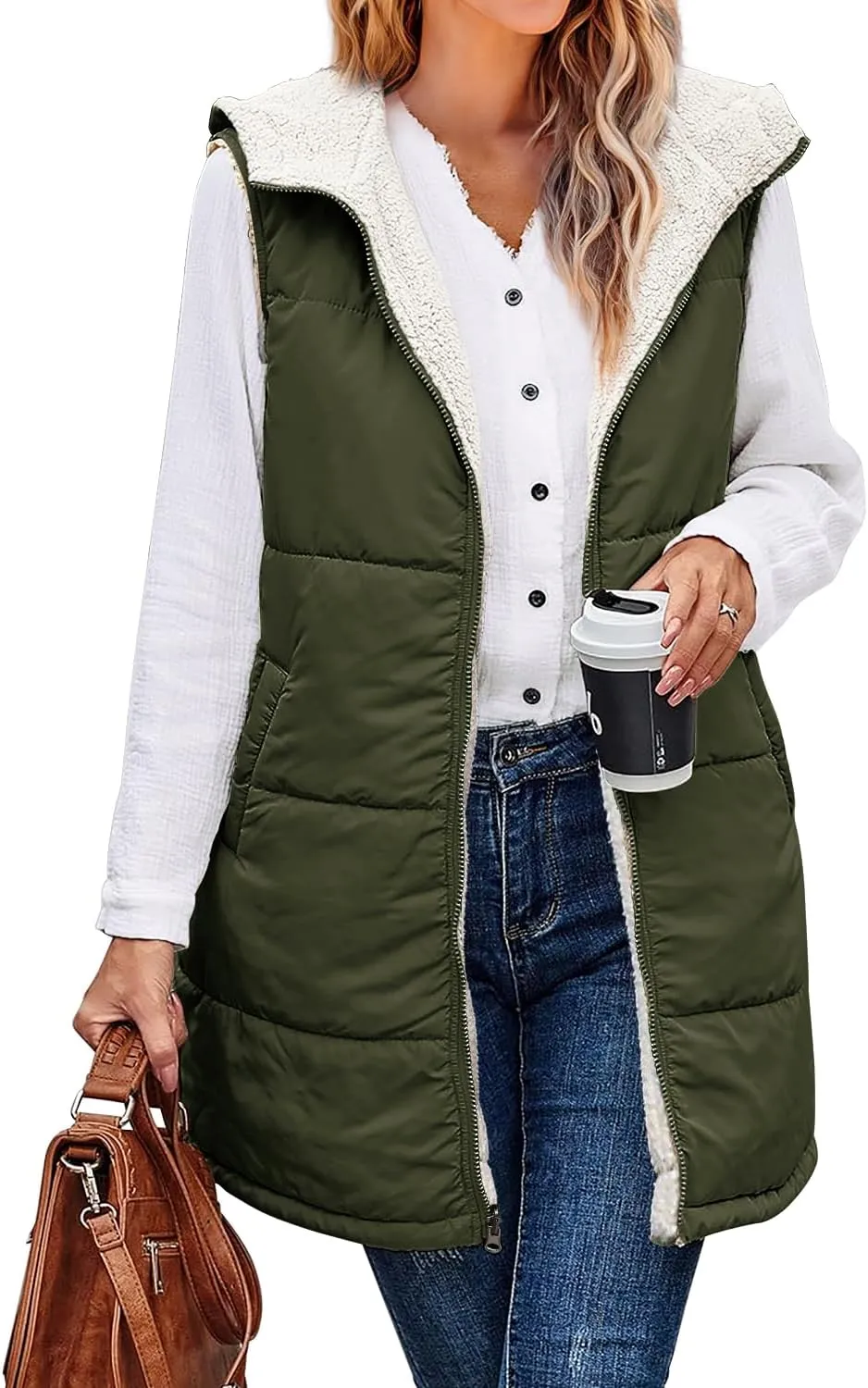 XIEERDUO Womens Long Outerwear Vests 2024 Fall Winter Warm Sleeveless Coat Reversible Fleece Jacket Zip Up Hoodie Pockets Green XL