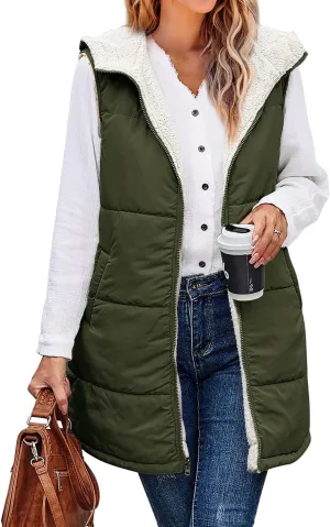 XIEERDUO Womens Long Outerwear Vests 2024 Fall Winter Warm Sleeveless Coat Reversible Fleece Jacket Zip Up Hoodie Pockets Green XL